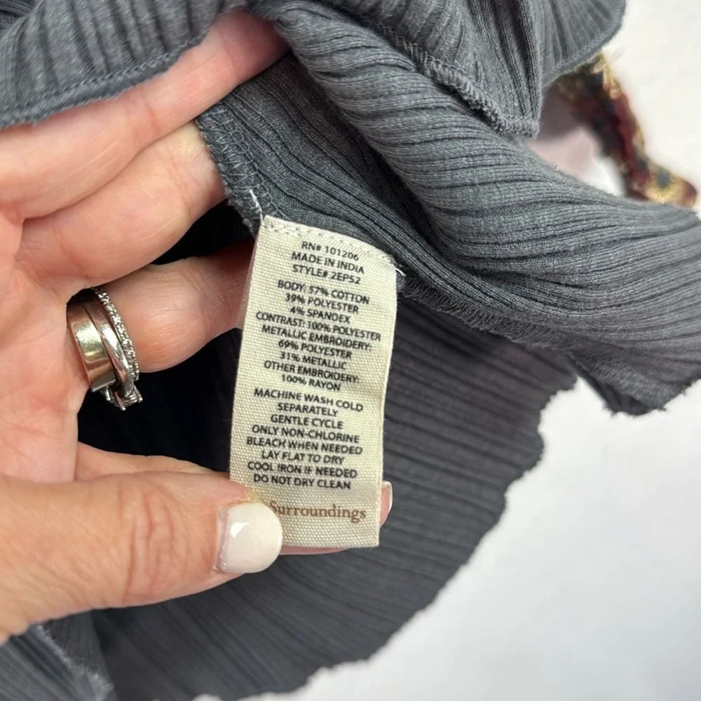 Soft Surroundings Gray Embroidered Long Sleeve ribbed boho oversized Henley top - Picture 6 of 7